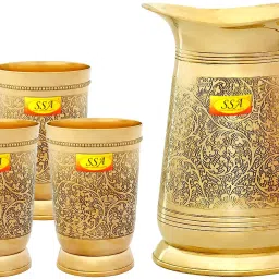Embossed Engraved Design 100% Pure Brass Jug / Pitcher, With 4 Glasses Set | Drinkware Set - 2020 Gift Item Jug Glass Set-image-63