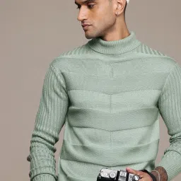 Men Self Design Turtle Neck Green Sweater-88