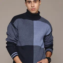 Men Colorblock Turtle Neck Blue, Black Sweater-image-80