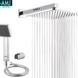 AMJ COMBO of SS304 UltraSlim High Pressure Rainfall Shower Head With Shower Fit Arm HandShower (ABS),SS304 1.5mtr Tube And Hook 6X6+18Inch Arm+HandShower Set)-15