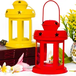 Hanging Lantern Decorative Tea Light Holder From iHandikart Handicrafts Home Decor Yellow And Red color Iron Lamp With Candle Tealights & Fastiv Decor 10x10x14 cm (IHK22007) Set of 2 Multicolor Iron Hanging Lantern-image-1