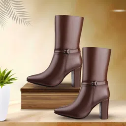 yuvrato baxi Brown Classic Leather-Stylish Mid Calf Buckle Boot For Women 3.5 Inch Block Heel High Tops For Women-picture-17