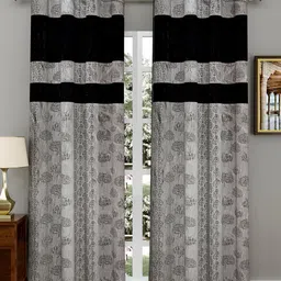 Kuber Industries Grey & Black Set of 2 Floral Door Curtain-39