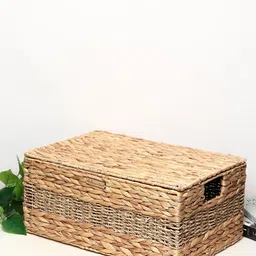 HABERE INDIA Beige Woven Design Small Storage Basket With Lid-36
