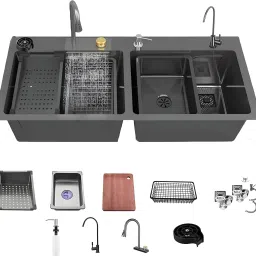 Premium Kitchen Sink with Integrated Waterfall and Modern Pull-Down Spray Sink for kitchen |45 x18'x10 Waterfall Sink |Honeycomb Embossed &Nano Coating Vessel Sink-image-8