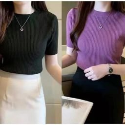 Pack of 2 Casual Regular Sleeves Solid Women Black, Purple Top-image-68