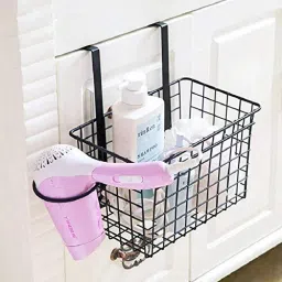 Door Storage Basket with Hair Dryer Holder Drawer Cupboard Cabinet Hanging Rack Steel Wall Shelf-image-58
