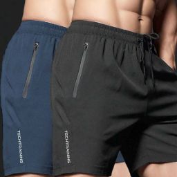 Pack of 2 Solid Men Black, Dark Blue Gym Shorts-image-40