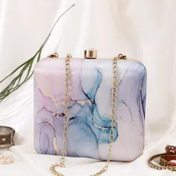 Swisni Blue & White Printed Box Clutch-picture-0