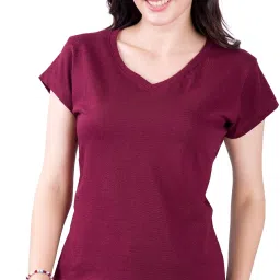 Women Solid V Neck Cotton Blend Maroon T-Shirt-image-33