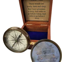 Antique finish brass poem compass marine pocket compass with wood box robert frost Compass-image-35