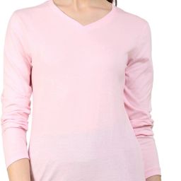 Women Solid V Neck Pure Cotton Pink T-Shirt-image-38