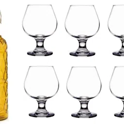 Bottle & 6 Glass Serving Lemon Set, Yellow, Clear, Glass - A1252 Jug Glass Set-image-25