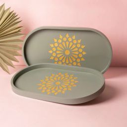 bambaise Grey Premium MDF Engraved Oval Tray Medium with Mandala Art-picture-48