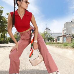 Women Solid V Neck Cotton Blend Red T-Shirt-image-2