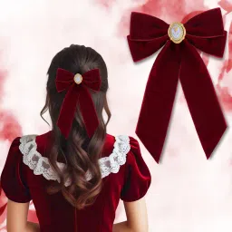 Black Velvet Bow with Antique Brooch - Bow Clips for Girls & Women (Pack of 1) Hair Clip-image-31