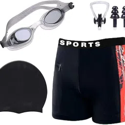 Men Swimming Costume | Shorts | Trunk, 1 Goggles, 1 Cap, 1 Nose Clip & 2 Earplug Printed Men Trunk Red, Black Swimsuit-image-50