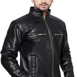 Men Solid Leather Jacket-image-30