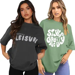 london hills Pack of 2 Women Printed Round Neck Cotton Blend Green, Grey T-Shirt-picture-28