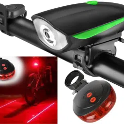 Rechargeable Cycle Headlight + Horn and Laser Tail light With 3 Light Modes LED Front Rear Light Combo-23