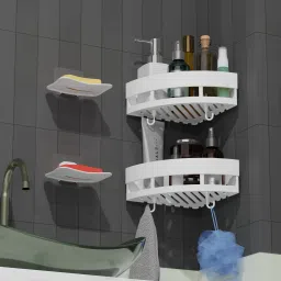 Multipurpose Bathroom Corner Wall Holder Storage Rack and Soap Dish with Hook Plastic Wall Shelf-image-84