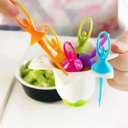 mounthills Plastic Dancing Doll Fruit Fork Set With Stand, 6 PCS Fork Spoon Set in Each Stand (Multicolor, Pack Of 1) Disposable Plastic Fruit Fork image 3