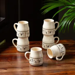 Pack of 6 Ceramic 'Whispers of Warli' Handcrafted Ceramic Coffee Mug Tea Cups Cup-0