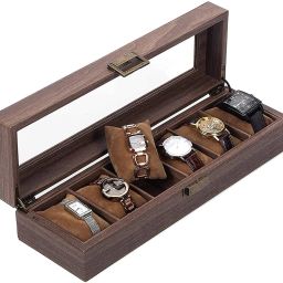 Wooden Look Pu Leather 6 Slot Watch Box Organizer Watch Case with Glass Top Antique Lock Watch Box-0