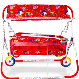 New Born Baby Cradle, Metal Body, Bassinet with Mosquito, Sun Protector (Red)-image-1