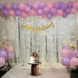 Solid Birthday Decoration Combo Kit with Net Curtain, Light, For, Girl, Boys Balloon-0