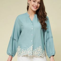Women Relaxed Fit Fit Embroidered Mandarin Collar Casual Shirt-image-3