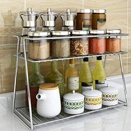 Utensil Kitchen Rack Stainless Steel Spice 2-Tier Trolley Container Organizer Organiser/Basket for Boxes Utensils Dishes Plates for Home (Multipurpose Kitchen Storage Shelf Shelves Holder Stand Rack) Steel-picture-9