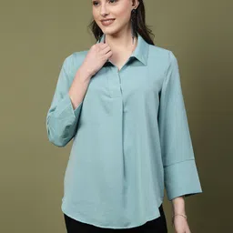 mafadeny Casual Regular Sleeves Solid Women Light Blue Top-picture-17