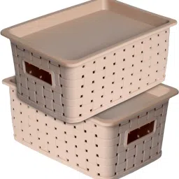 Plastic BPA Free Small Trendy Storage Basket With Lid|Color-Beige|Pack of 2 Storage Basket-image-17