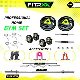 10 kg Metal Integrated Rubber Plates Set with Dumbbell rods, Curl rod, Straight rod Home Gym Combo-24