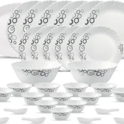 Pack of 33 Opalware present Diva Classique MISTY DROPS dinner set{{Dinner plate 11"(6 pcs) || Quarter plate (6 pcs) || Oval platter (1 Pcs) || Veg bowl (6 Pcs) || Soup Bowl (6 pcs) || Spoon (6 pcs) || Serving bowl medium (2 Pcs)}} Dinner Set-17