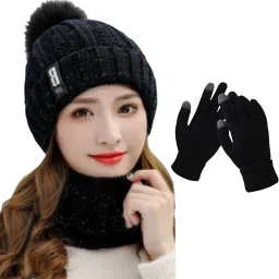 women's winter woolen beanie neck warmer and touchscreen gloves set for Girl's Beanie-picture-26