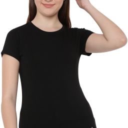 MMCC-702 Women Solid Round Neck Cotton Blend Black T-Shirt-image-4