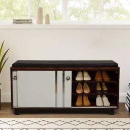 stunica Gliding Door 12- Pairs Shoe Rack With Seating In Brown teak And White Finish-picture-26