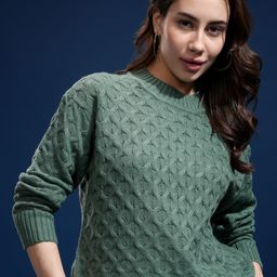 tokyo talkies Women Self Design Round Neck Green Sweater-picture-30