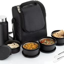 4 CONTAINER, 1 STEEL BOTTLE AND SPOON SET IN LUNCHBOX IN BLACK WITH BAG 5 Containers Lunch Box-image-3