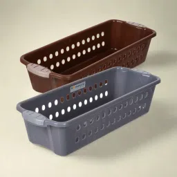Plastic Storage Basket for Kitchen-Stationery|JAWA-1|Small|Pack of 2|Gray & Brown Storage Basket-picture-13