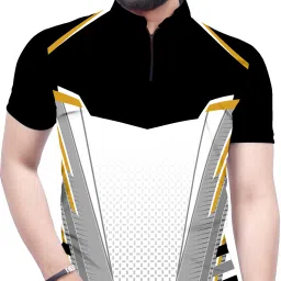 Men Printed, Sporty Mandarin Collar Polyester White, Black T-Shirt-image-90