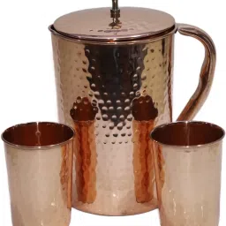 Shakuntla Handicraft Hammered 1.25 litre Copper Jug with Lid & 2 Water Glass 200 ml Jug Glass Set-image-10
