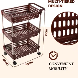 kuber industries Multipurpose 3-Shelf Storage Revolving Trolley Rack with Wheels|Brown Plastic Kitchen Trolley image 3