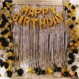 Solid Decorative 75 pcs Combo Happy Birthday Letter Foil Balloon Set of 20 Gold + 20 Silver+20 Black 2 Fringe Curtain + HD Metallic Balloons (Gold, Black and Silver) Birthday Decorations Items Balloon-16