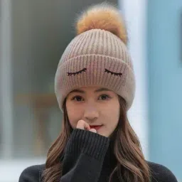 Women's stylish winter woolen cap soft warm fur inside pom-pom on top for girls Woven Beanie-picture-10