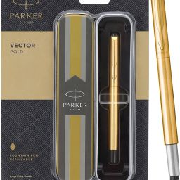 Vector Stainless Steel, Gold Trim With Gold Finish Nib Fountain Pen-image-8