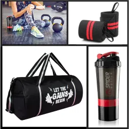 15 L Gym Duffel Bag - Combo Gym Bag Men's of Leather Gym Bag, Wrist Support Band spider shaker Bottle - Red-image-25