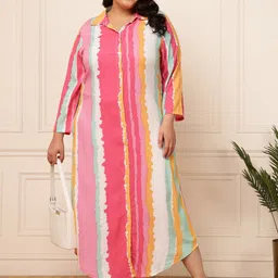 DEEBACO Plus Size Colourblocked A-Line Maxi Casual Dress-55